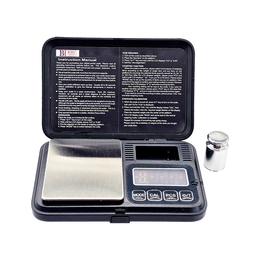 Sleek Black 200g x 0.01g Digital Pocket Scale – with LCD Display, Tare and PCS, Mini Digital Scale with 50g Calibration Weight for Powder, Herbs & Spices (Battery Included)