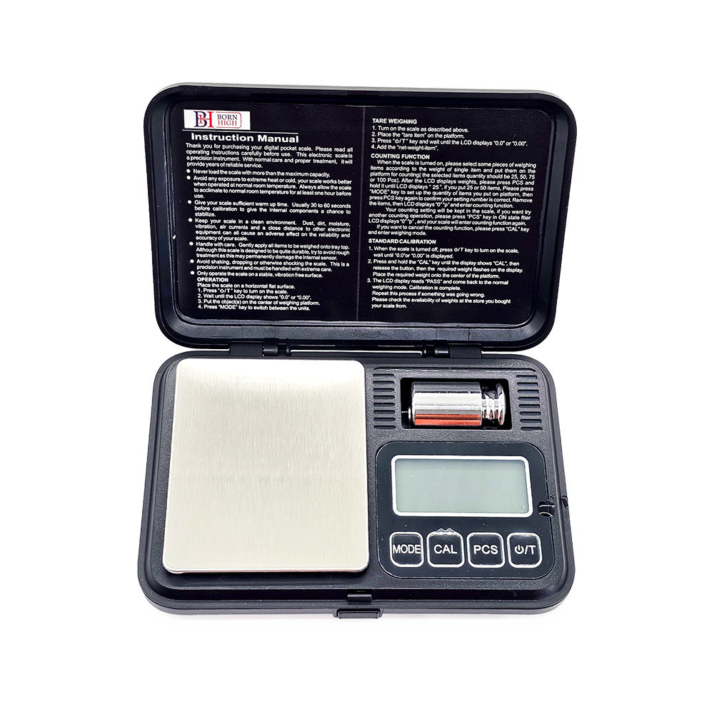 Sleek Black 200g x 0.01g Digital Pocket Scale – with LCD Display, Tare and PCS, Mini Digital Scale with 50g Calibration Weight for Powder, Herbs & Spices (Battery Included)