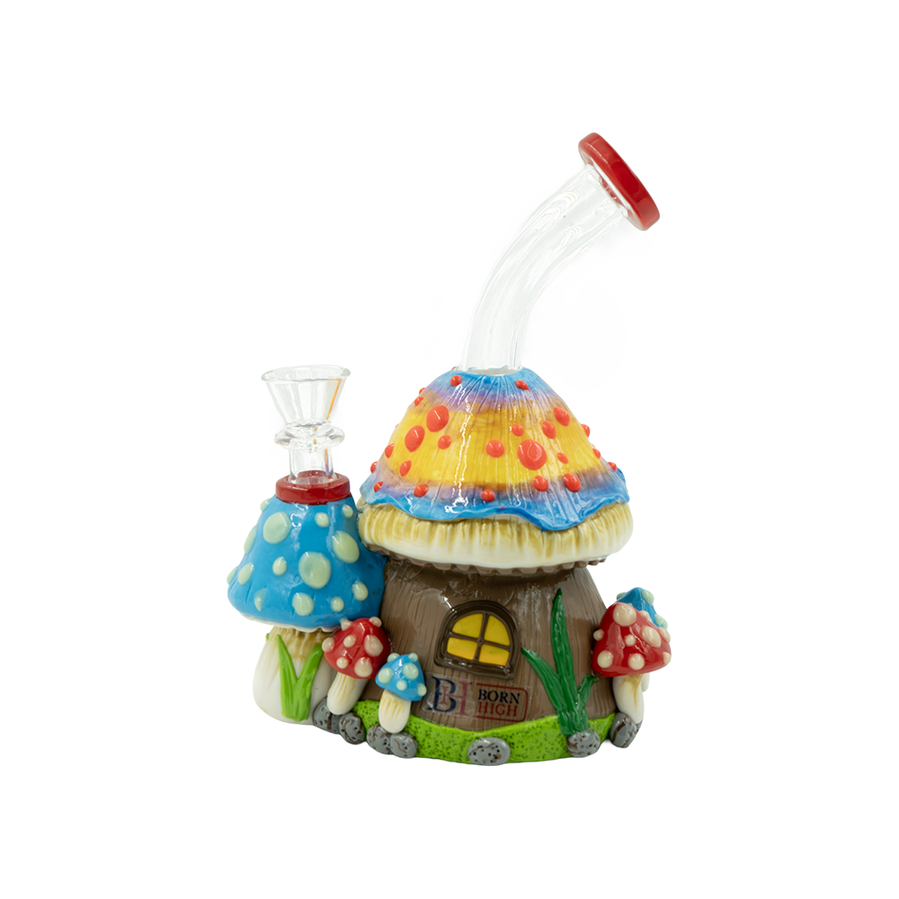 Fairy Mushroom Cottage Glass Water Pipe | Hand-Painted | 3D Design | 7-Inch