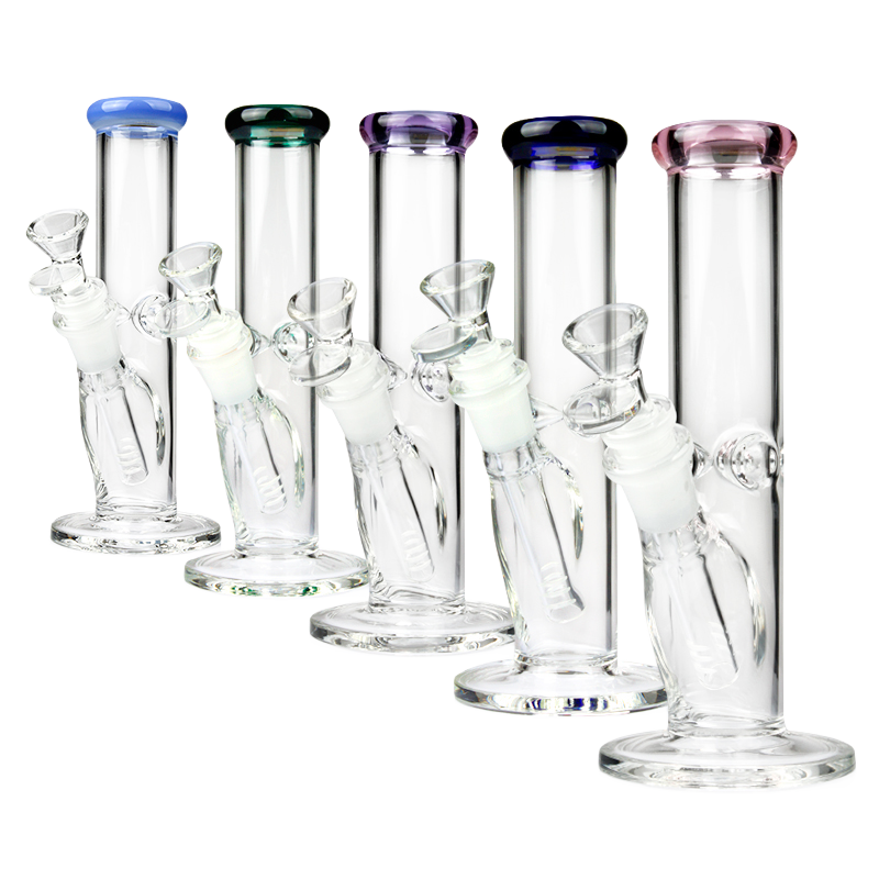 Straight Tube Bong – 8" Clear Glass with Colored Lip Accent